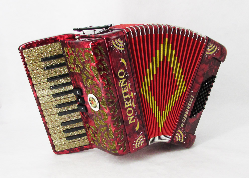 Norteño Brand Accordion 26 Keys 3 Registers Red / Gold Sun