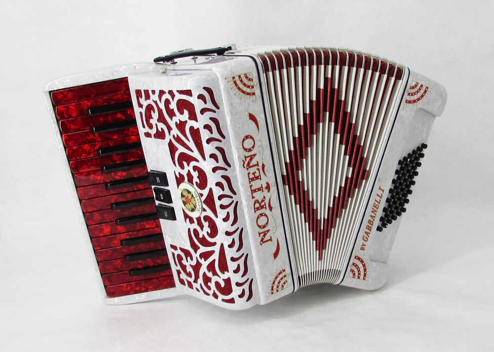 Norteño Brand Accordion 26 Keys 3 Registers White/ Red Sun